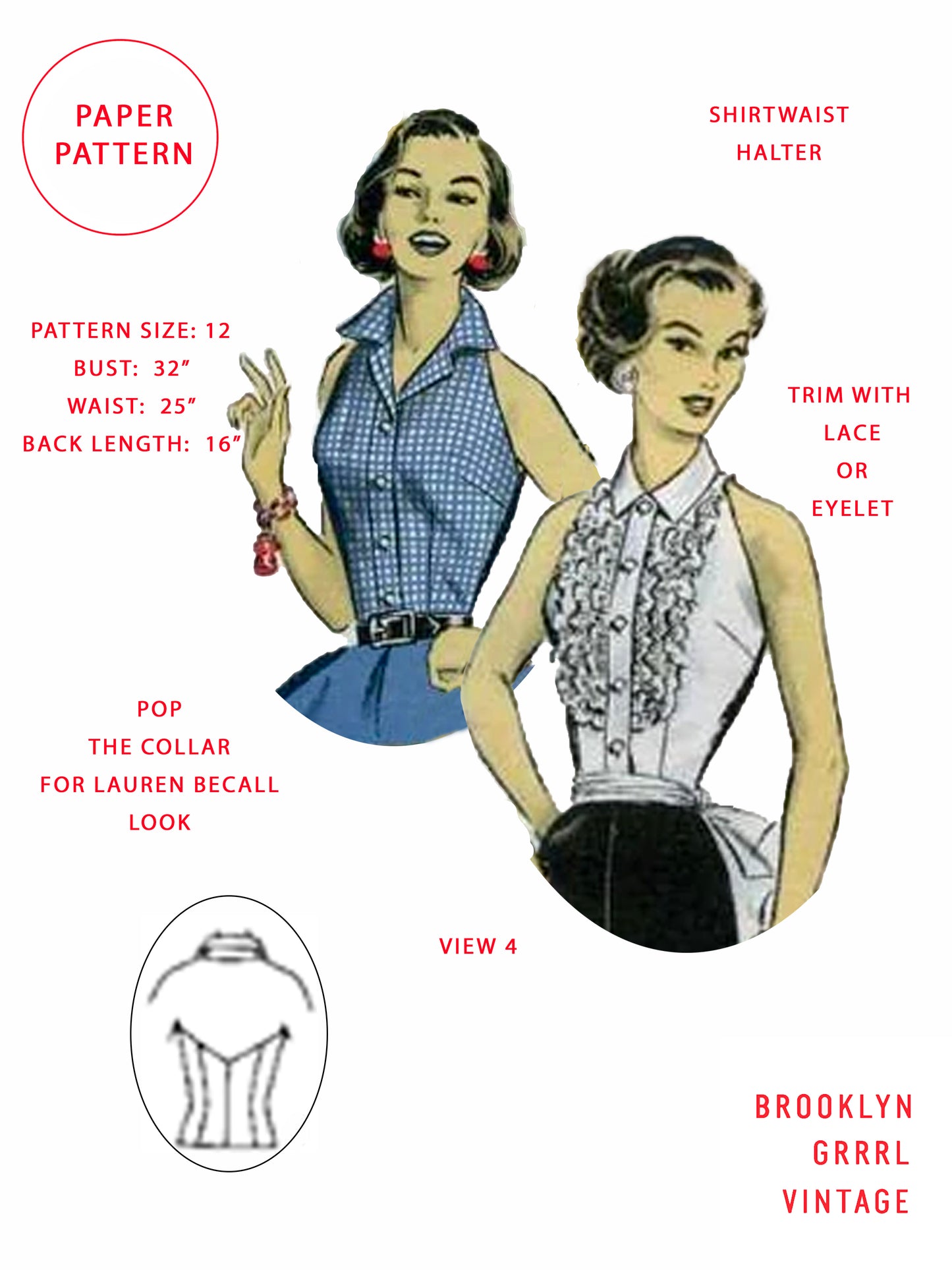 PAPER Pattern  1950's Halter Top in Four Styles / Bust 32