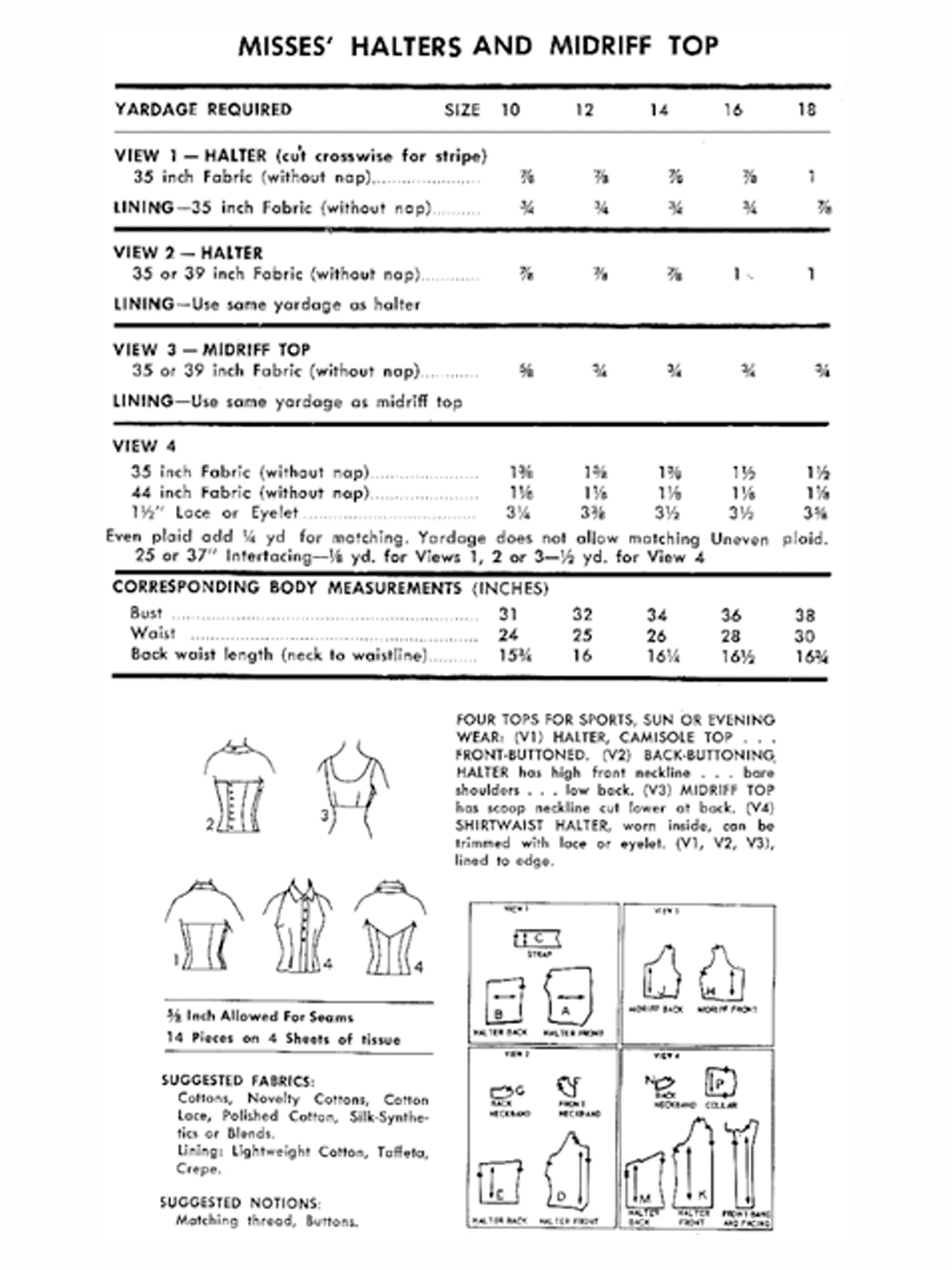 PAPER Pattern  1950's Halter Top in Four Styles / Bust 32