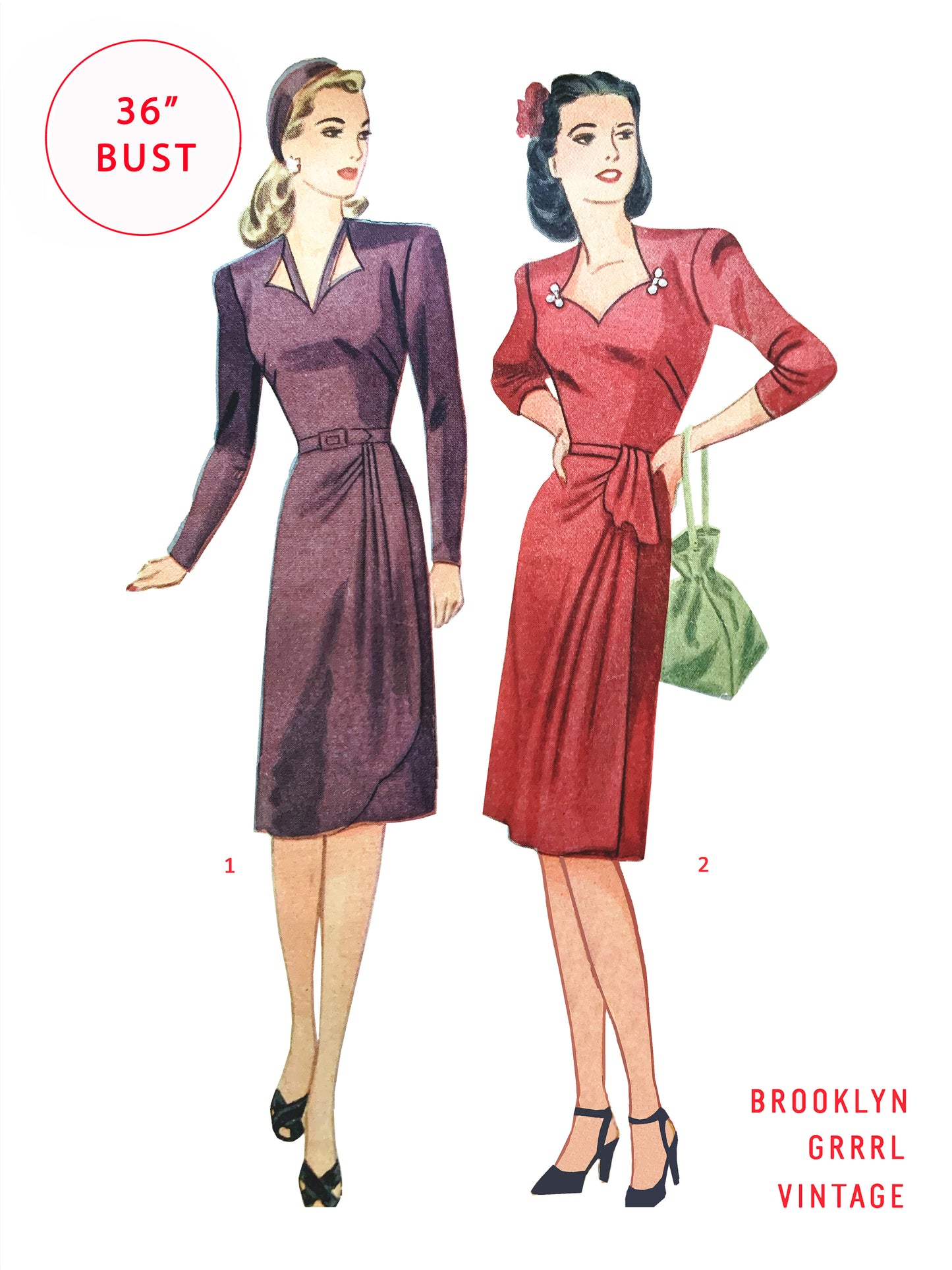 PDF Pattern - 1940s Sweetheart Neckline Dress / Bust 36