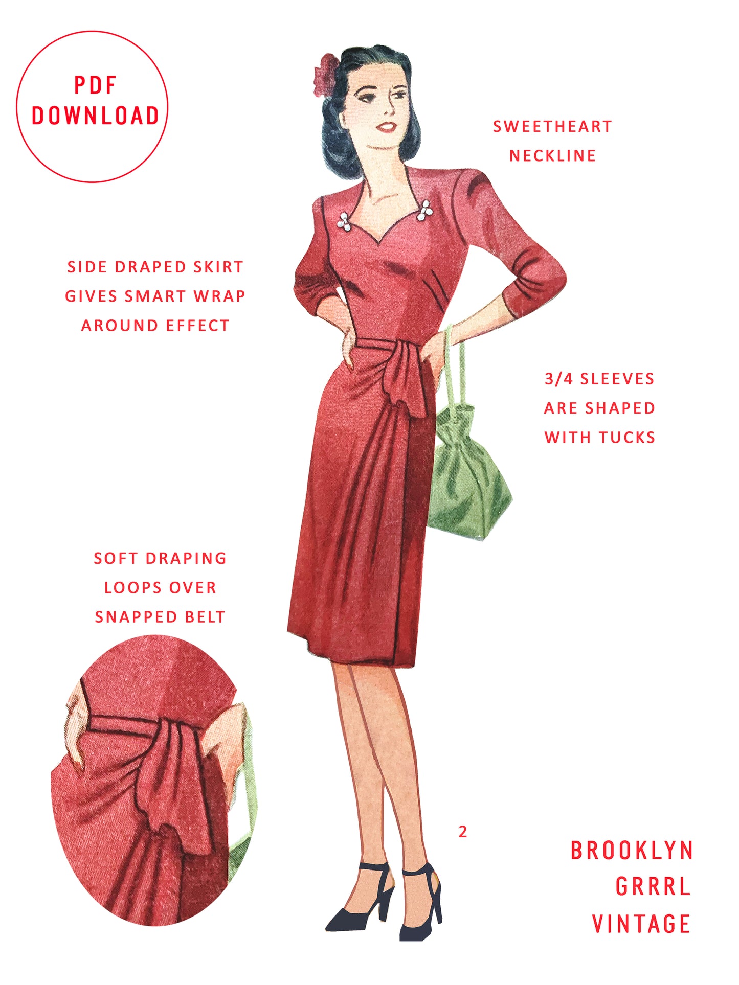 PDF Pattern - 1940s Sweetheart Neckline Dress / Bust 36
