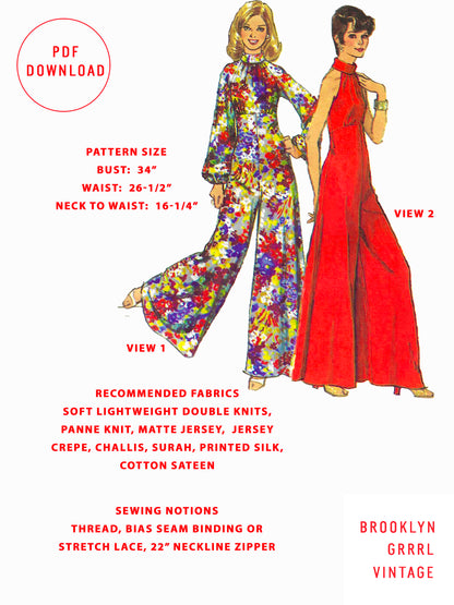 PDF Pattern - 1970's Jumpsuit with Raglan Sleeves / Bust 34