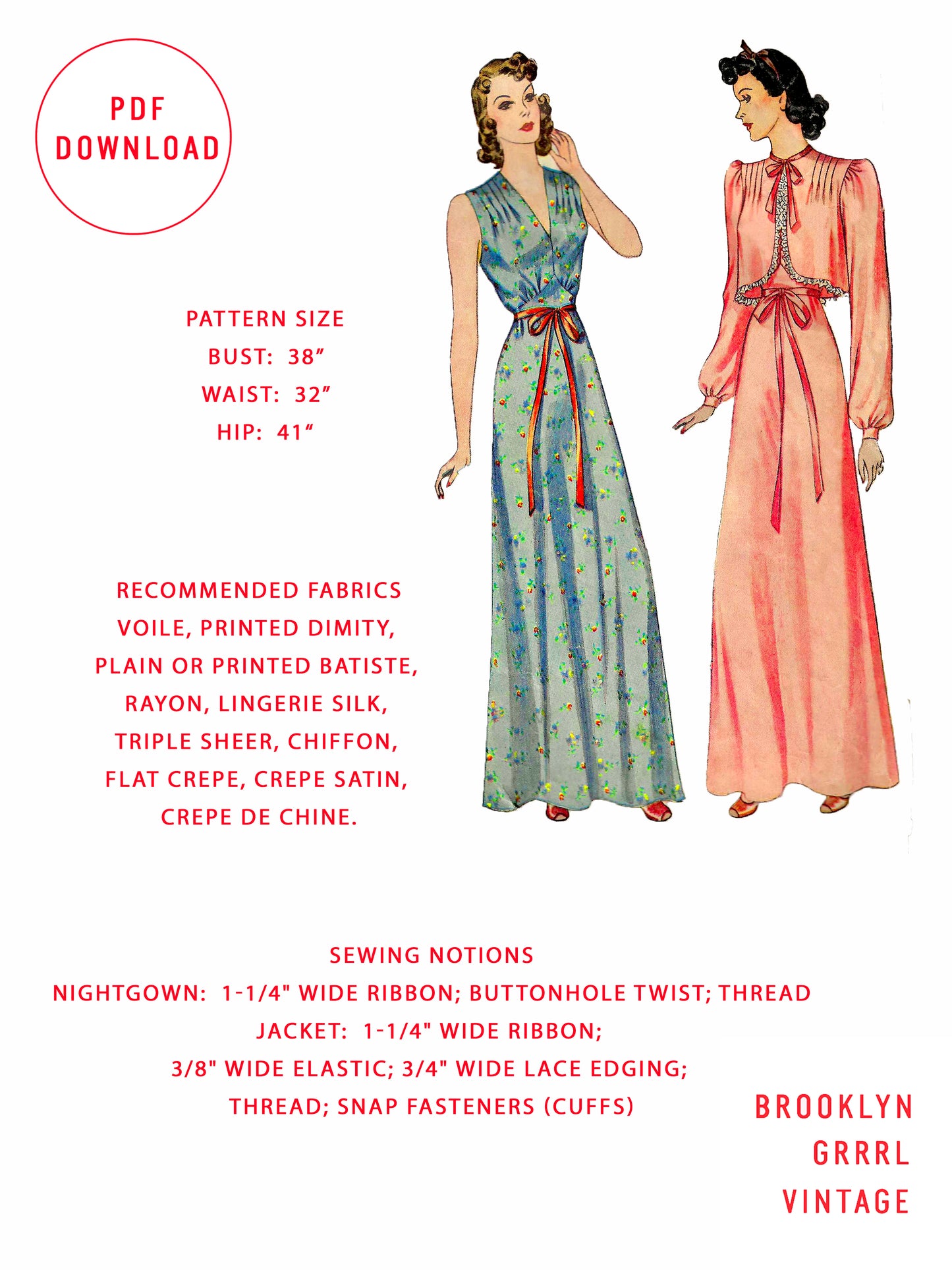PDF Pattern - 1940s Nightgown and Bed Jacket  / Bust 38
