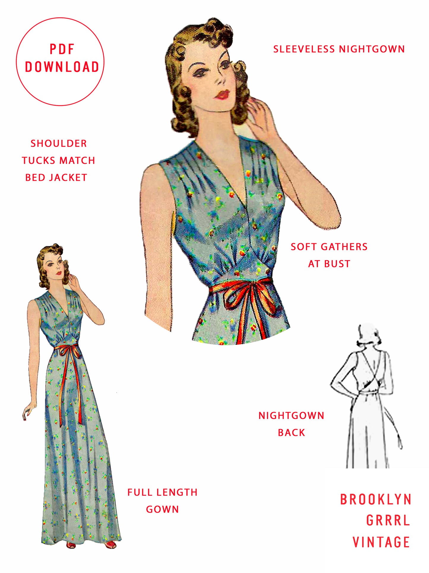 PDF Pattern - 1940s Nightgown and Bed Jacket  / Bust 38
