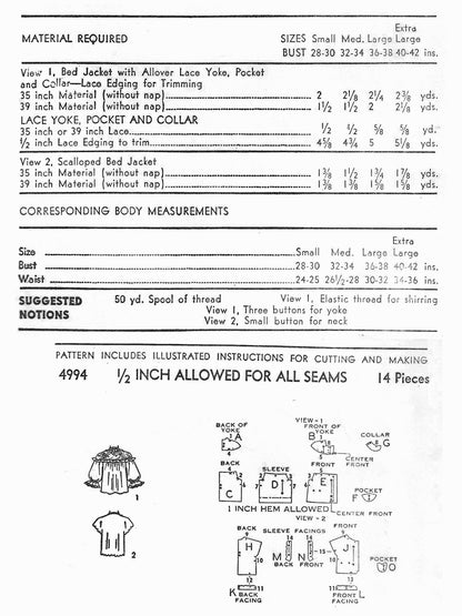PDF Pattern  1940s Bed Jacket / Bust 36-38
