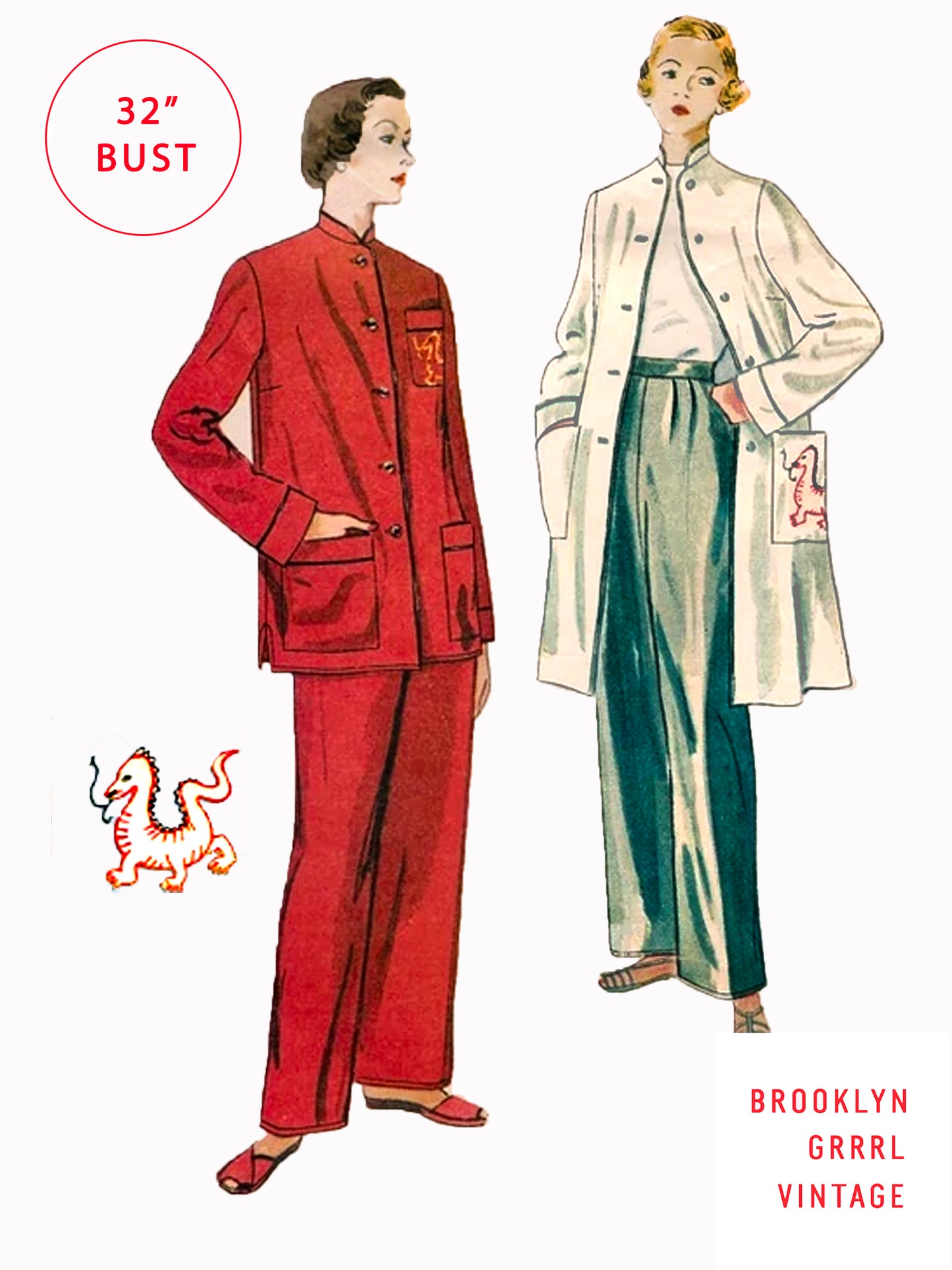 PDF Pattern 50s Pajamas & Coat / Bust 32