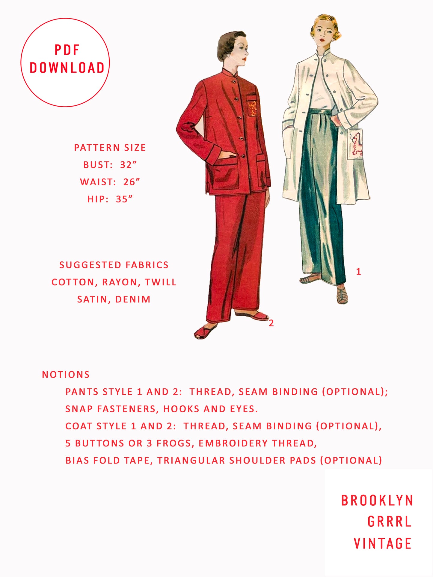 PDF Pattern 50s Pajamas & Coat / Bust 32