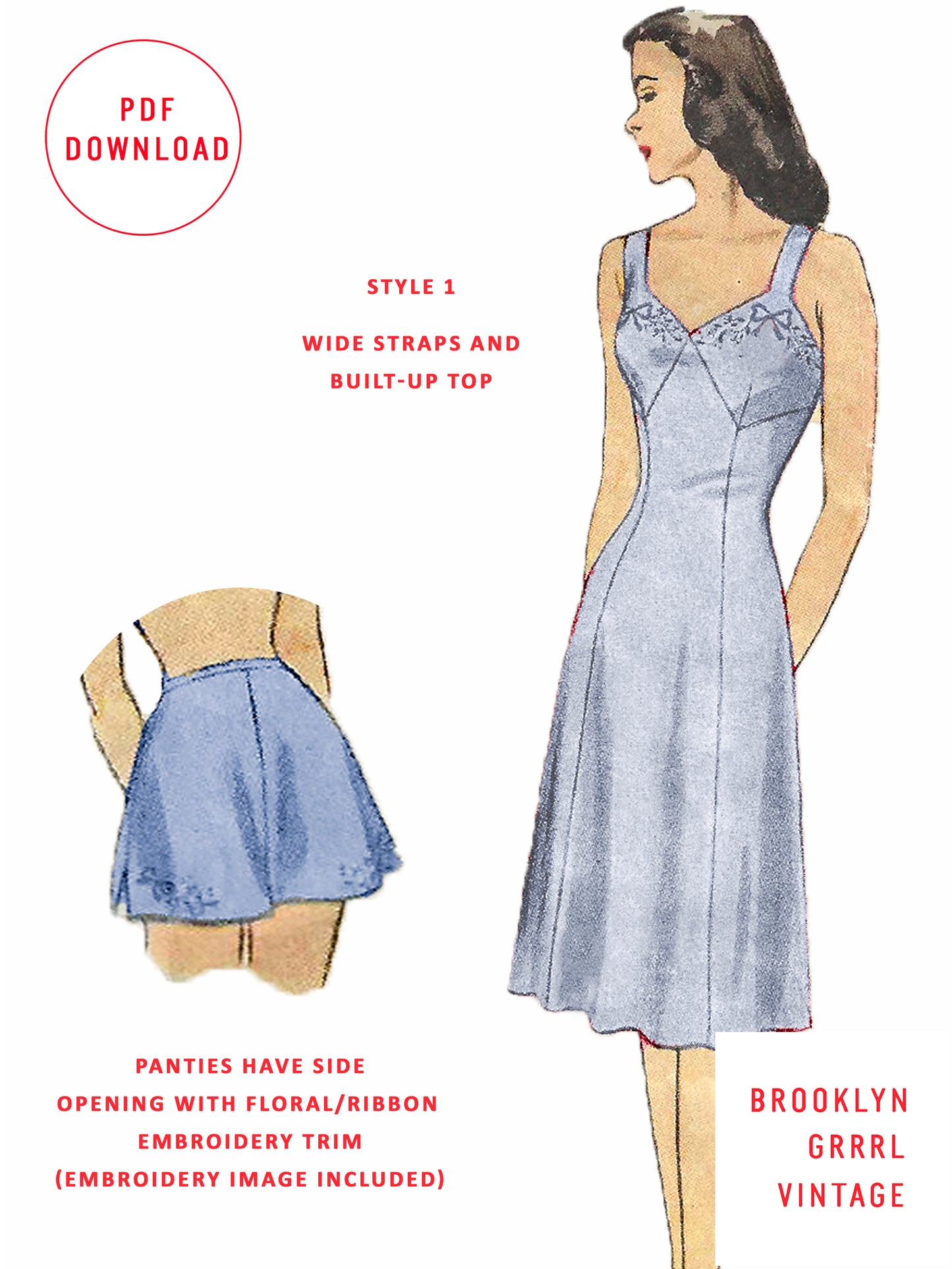 PDF Pattern 1940s Full Length Slip and Panties / Bust 32