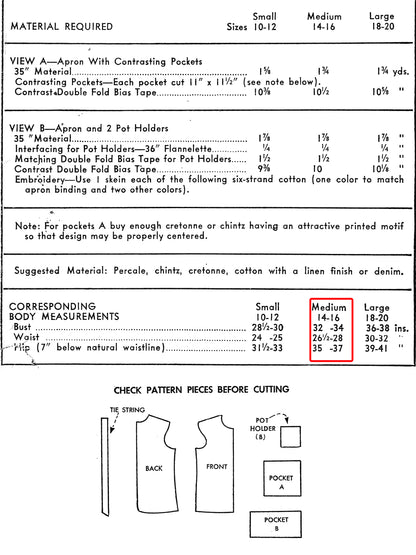 PDF Pattern - 1950s Cobbler Apron / Bust 32-34