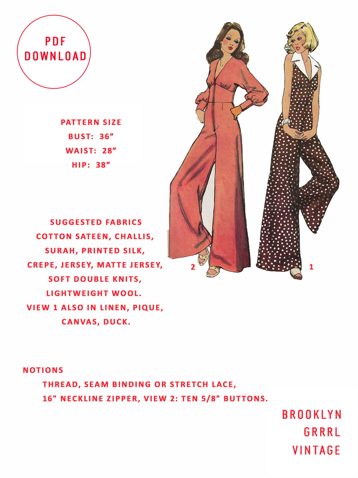 PDF Pattern - 1970s Jumpsuit with Shaped Midriff / Bust 36