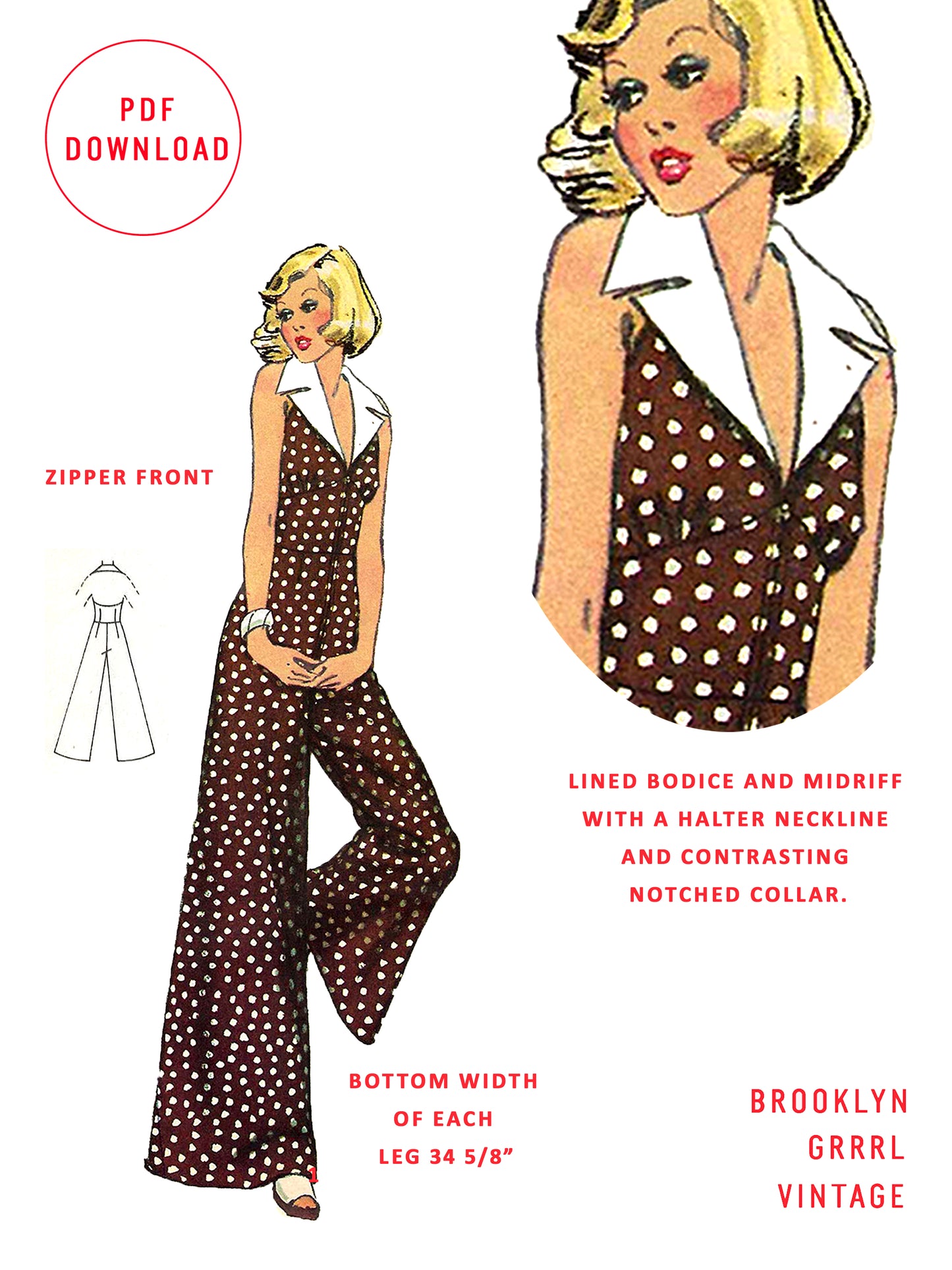 PDF Pattern - 1970s Jumpsuit with Shaped Midriff / Bust 36