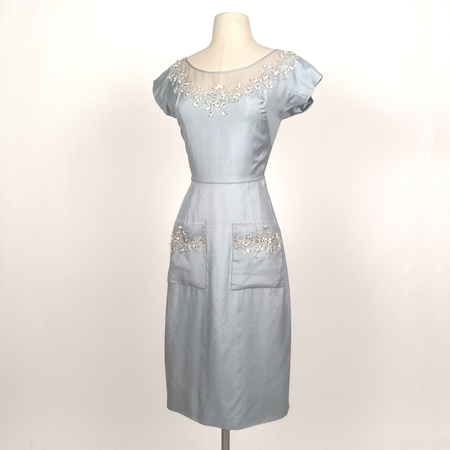 1950s 'Oh So Pretty' Powder Blue Wiggle Dress with Beaded Neckline / Waist 26