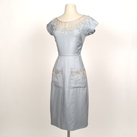 1950s 'Oh So Pretty' Powder Blue Wiggle Dress with Beaded Neckline / Waist 26