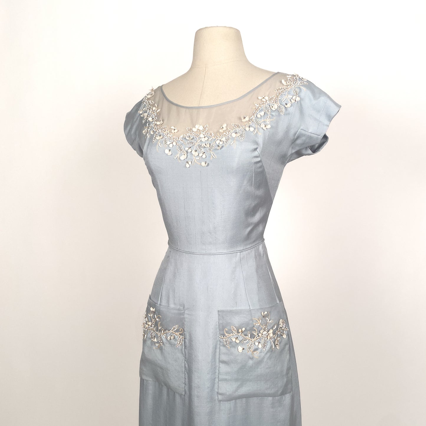 1950s 'Oh So Pretty' Powder Blue Wiggle Dress with Beaded Neckline / Waist 26