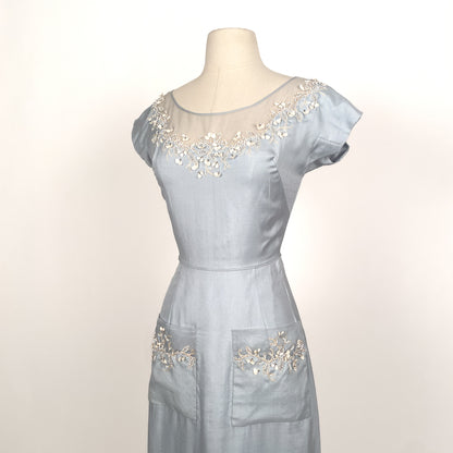 1950s 'Oh So Pretty' Powder Blue Wiggle Dress with Beaded Neckline / Waist 26