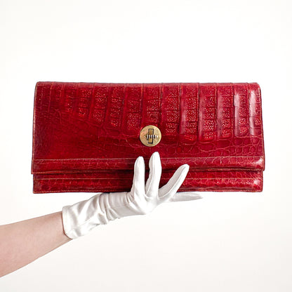 1940s Striking Red Leather Clutch with Suede Lining