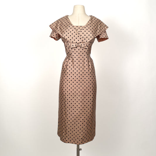 1950s Beige Polka Dot Wiggle Dress/ Waist 30