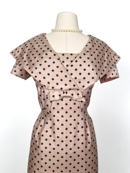 1950s Beige Polka Dot Wiggle Dress/ Waist 30