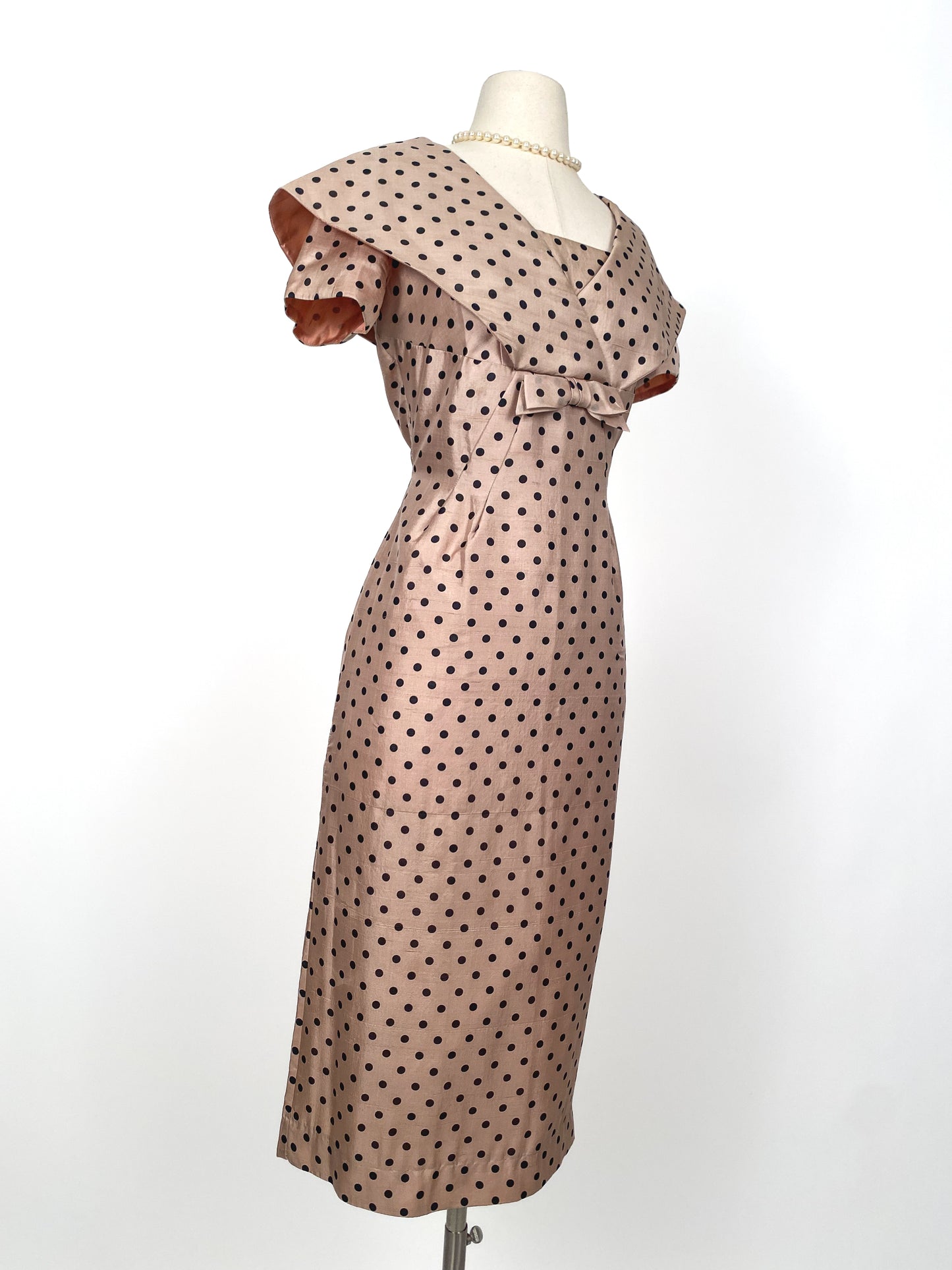 1950s Beige Polka Dot Wiggle Dress/ Waist 30