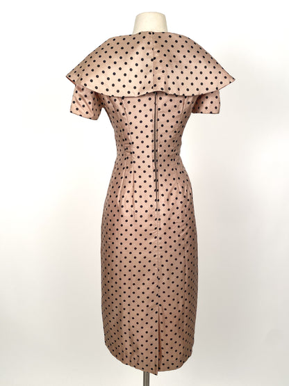 1950s Beige Polka Dot Wiggle Dress/ Waist 30
