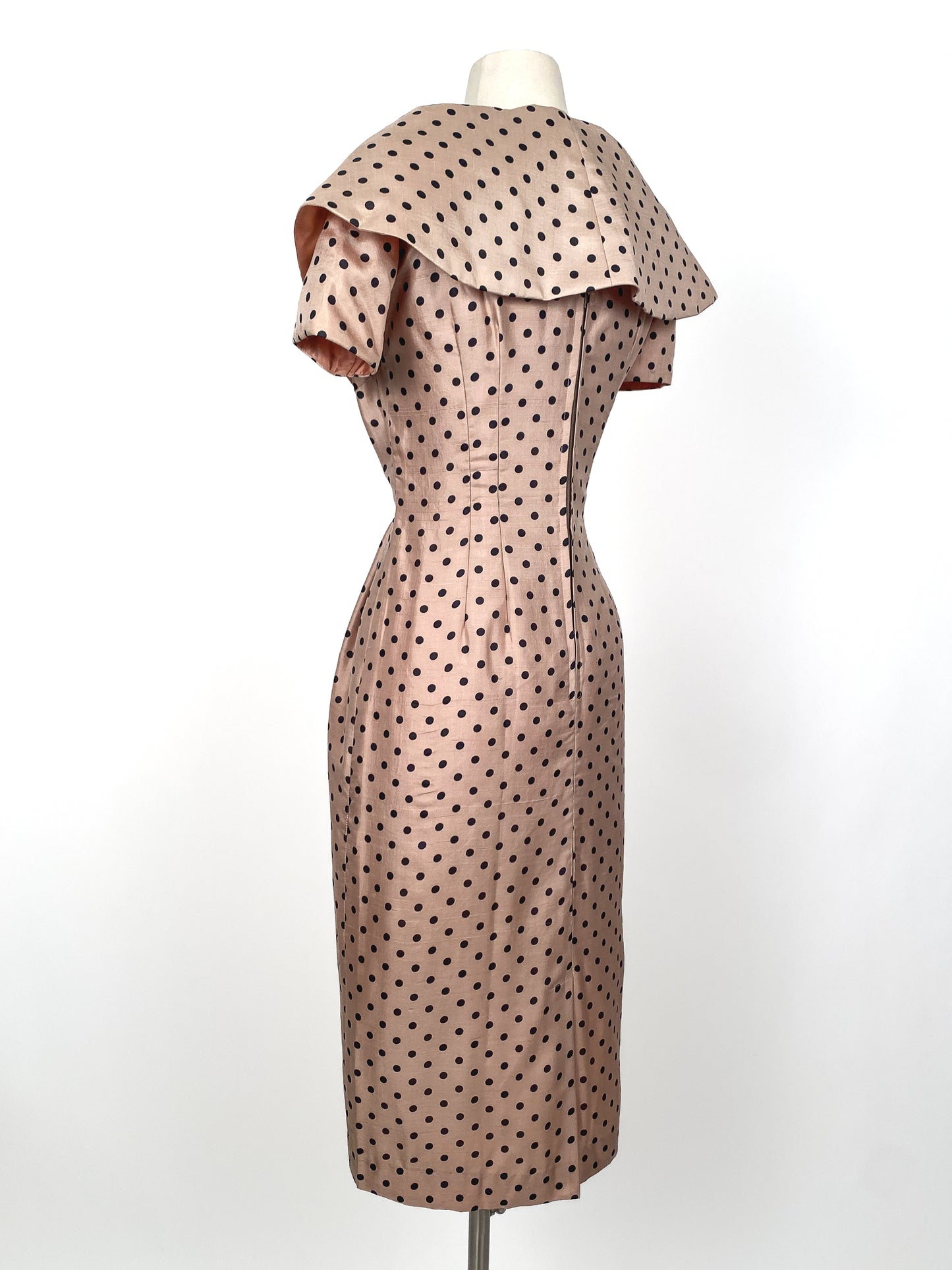 1950s Beige Polka Dot Wiggle Dress/ Waist 30