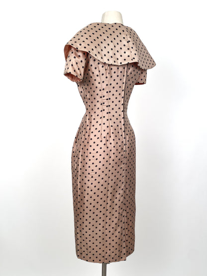 1950s Beige Polka Dot Wiggle Dress/ Waist 30