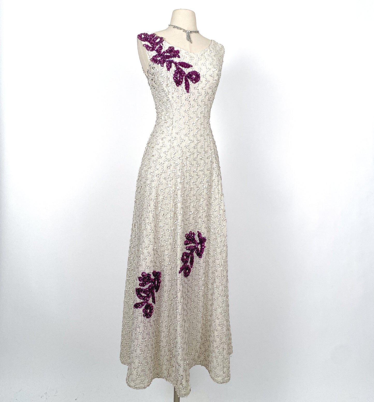 Stunning 1950s White Sequin Gown with Purple Floral Appliqués / Waist 30