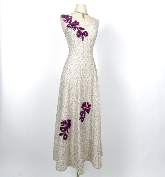 Stunning 1950s White Sequin Gown with Purple Floral Appliqués / Waist 30