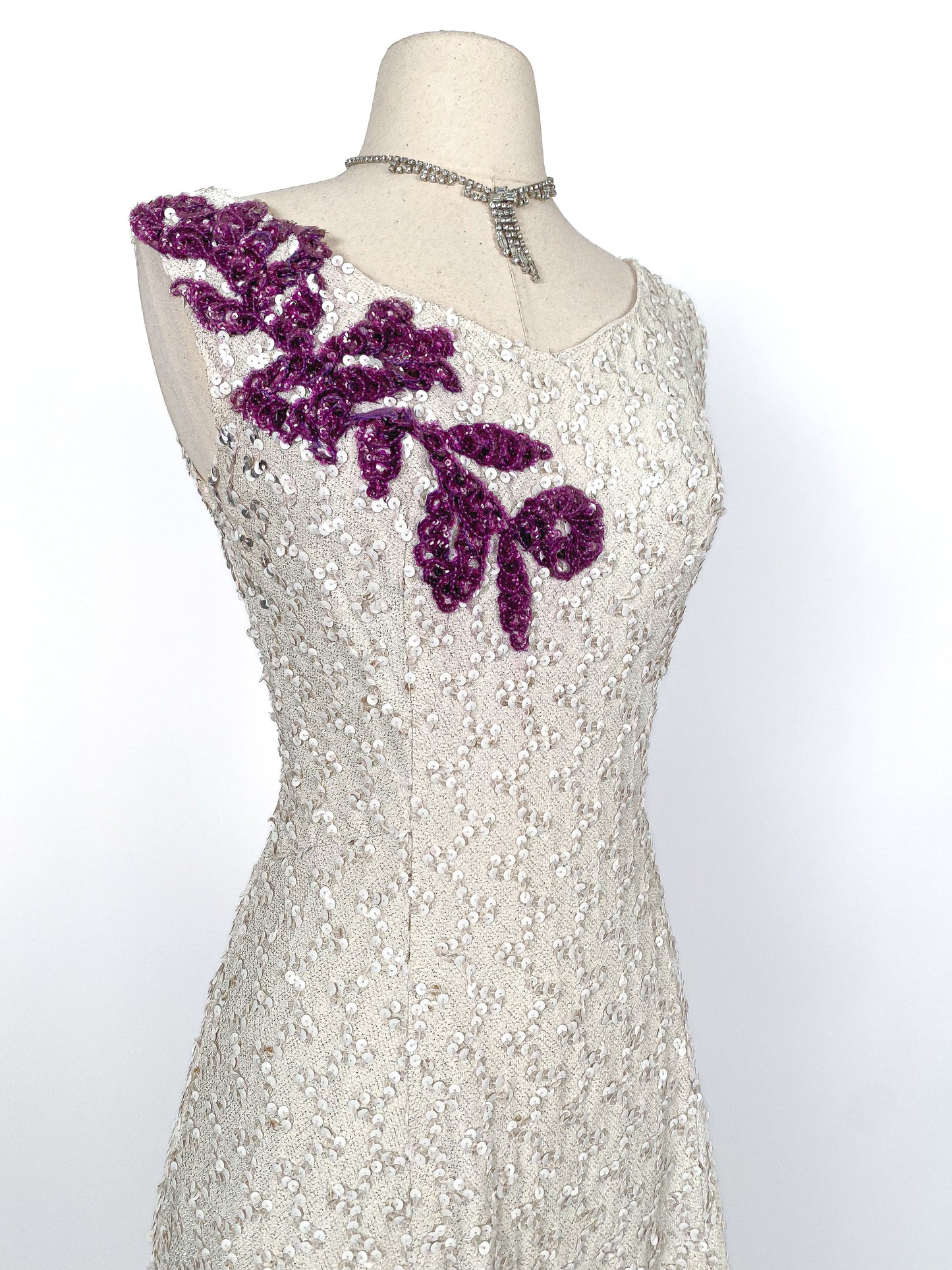Stunning 1950s White Sequin Gown with Purple Floral Appliqués / Waist 30