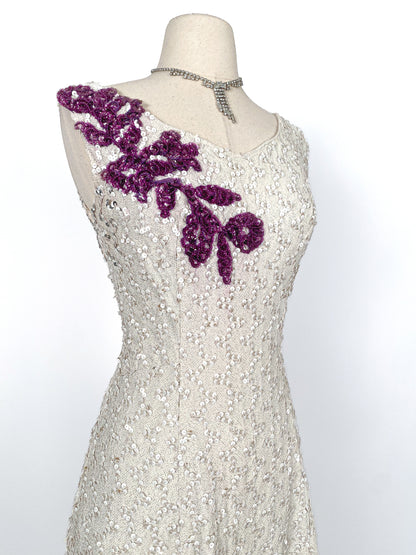 Stunning 1950s White Sequin Gown with Purple Floral Appliqués / Waist 30
