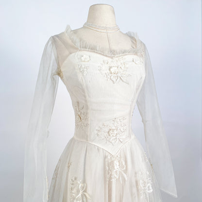 Dreamy 1950s Tulle Wedding Gown with Embroidered Bows and Flowers / Waist 26
