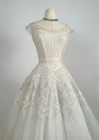 Darling 1950s Lace and Tulle Tea Length Wedding Gown / Waist 24