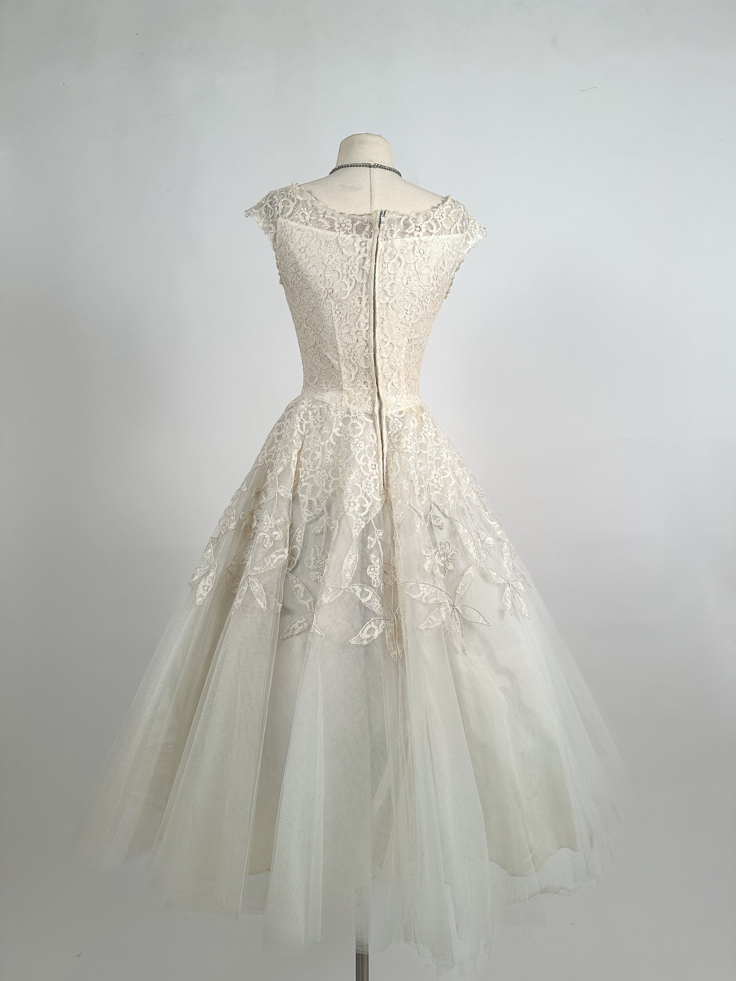 Darling 1950s Lace and Tulle Tea Length Wedding Gown / Waist 24