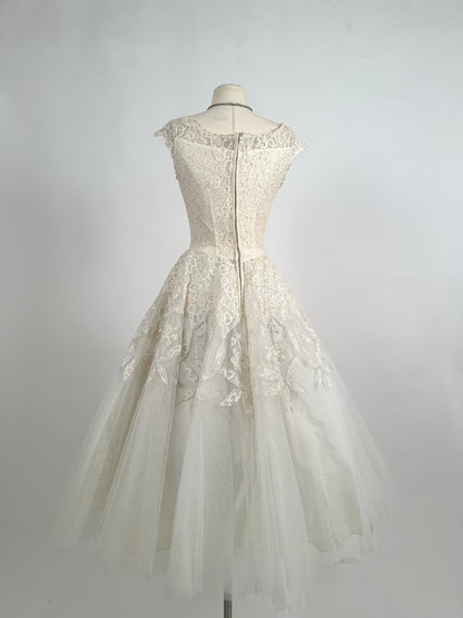 Darling 1950s Lace and Tulle Tea Length Wedding Gown / Waist 24