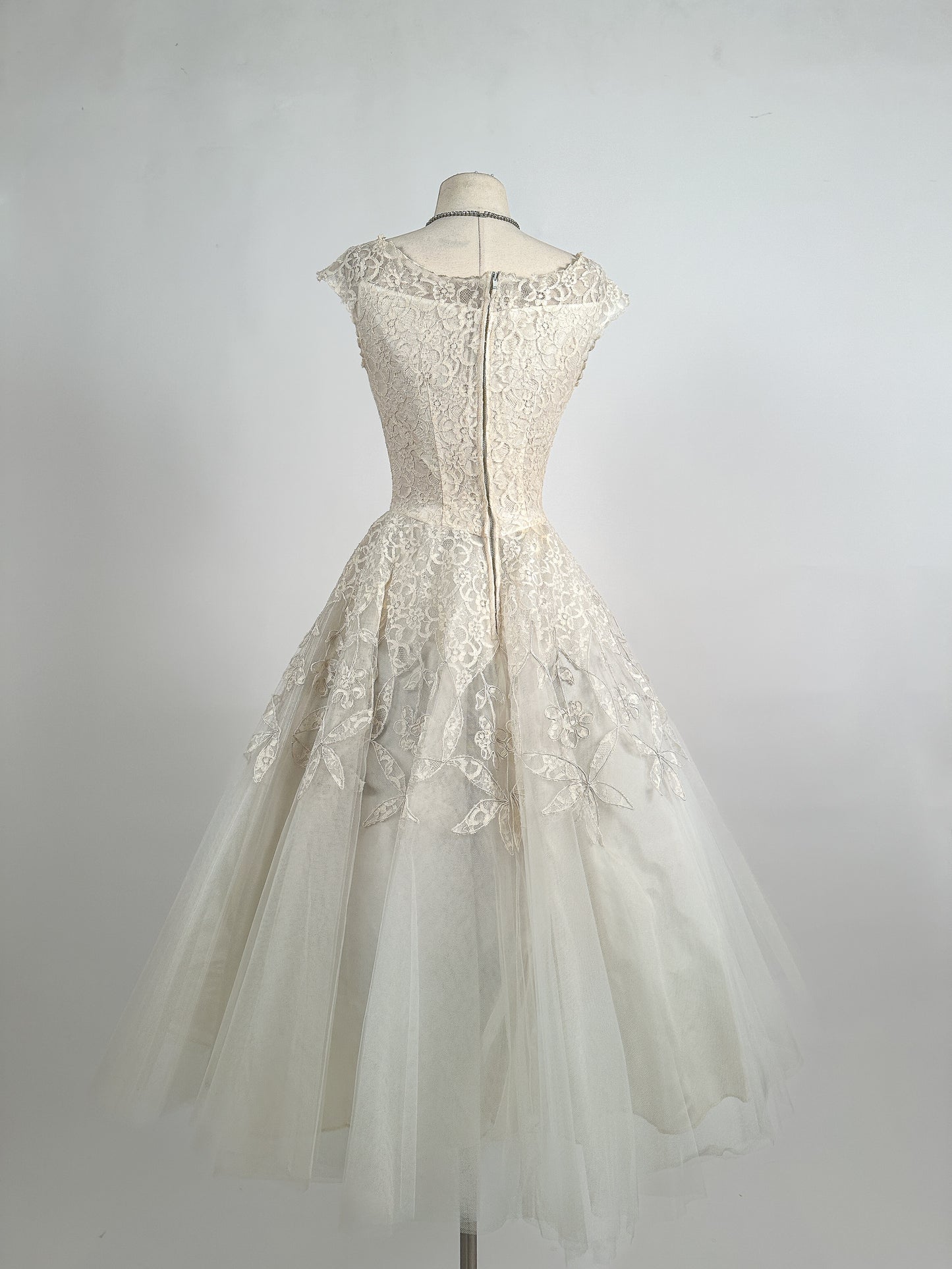 Darling 1950s Lace and Tulle Tea Length Wedding Gown / Waist 24