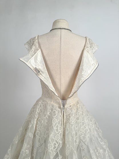 Darling 1950s Lace and Tulle Tea Length Wedding Gown / Waist 24