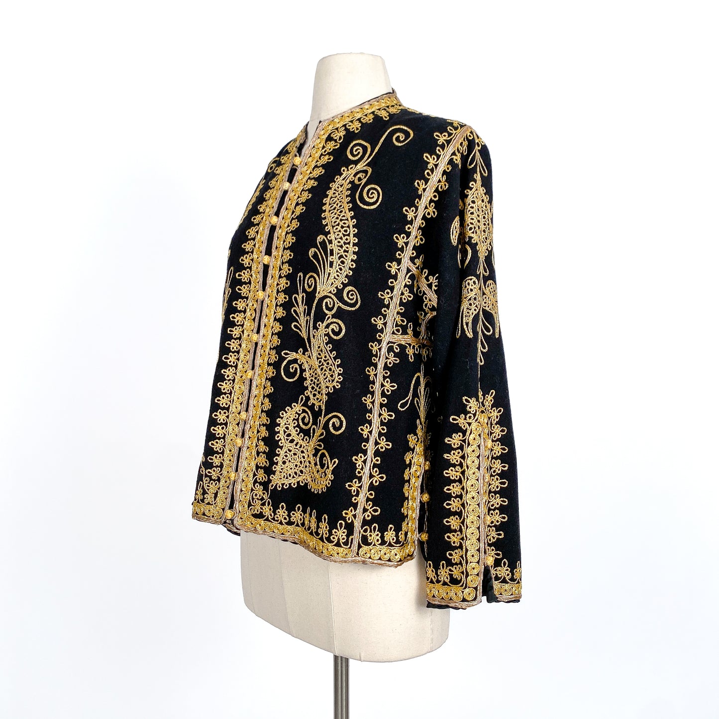 1960s Black Wool Jacket with Gold Embroidery / Bust 40