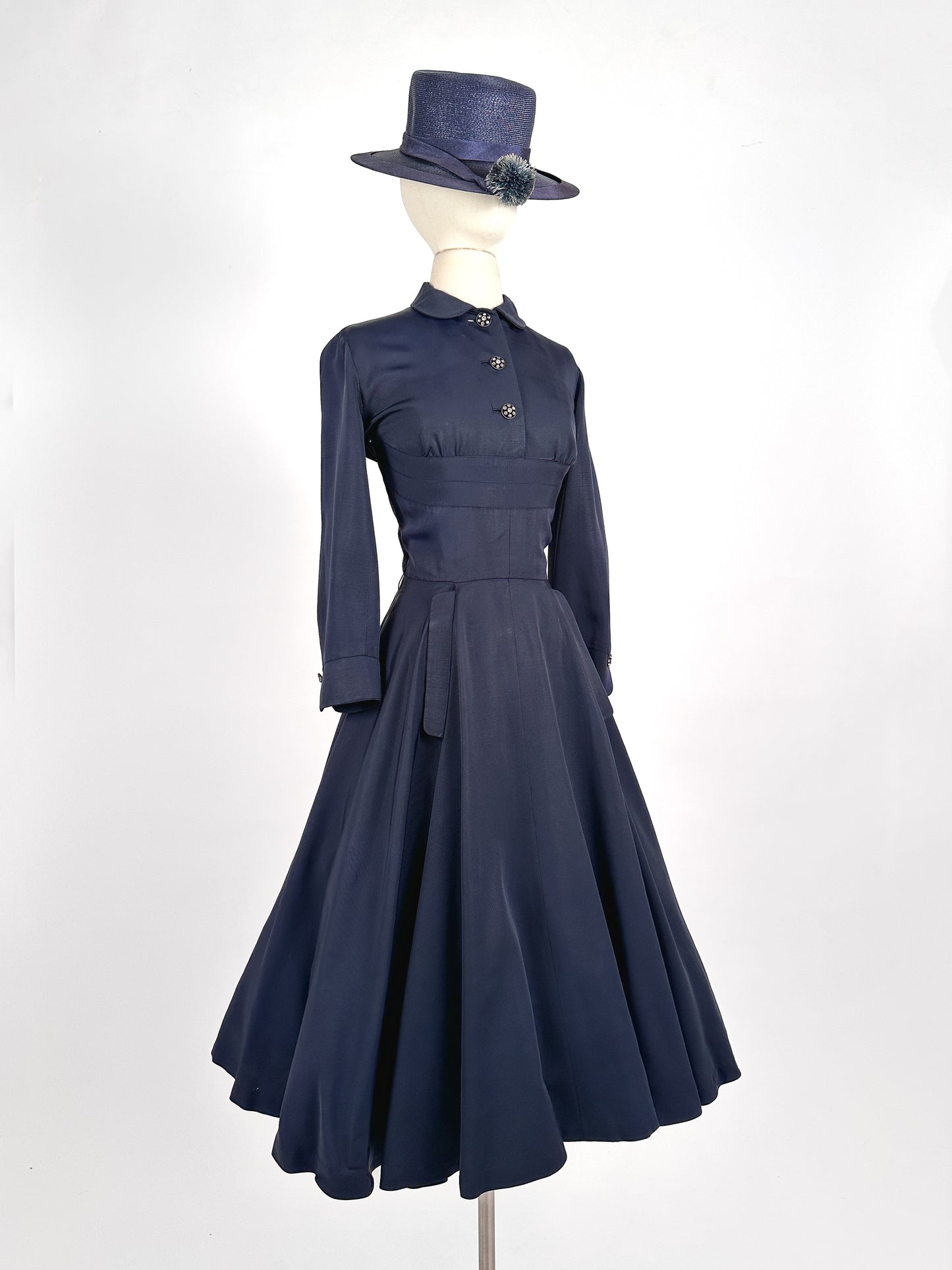 1940s Navy Fit & Flare Dress by Ben Reig / Waist 28
