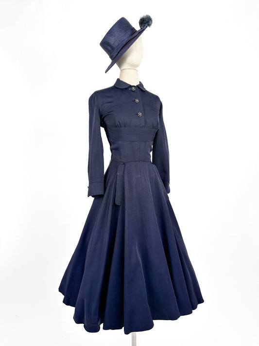1940s Navy Fit & Flare Dress by Ben Reig / Waist 28
