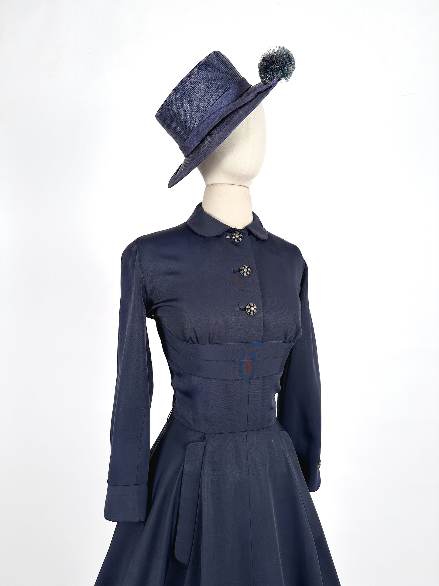 1940s Navy Fit & Flare Dress by Ben Reig / Waist 28