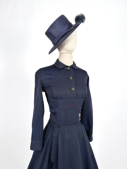 1940s Navy Fit & Flare Dress by Ben Reig / Waist 28