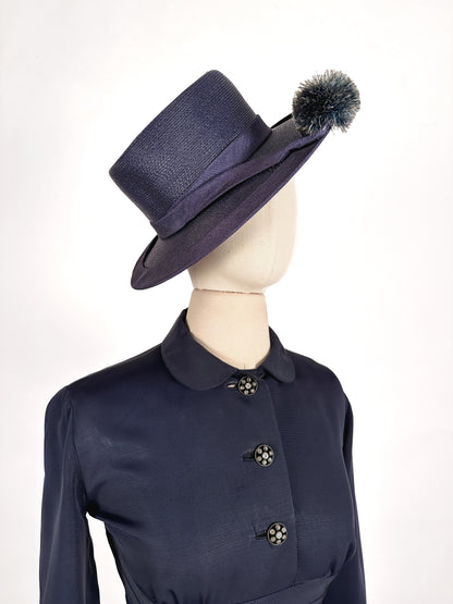 1950-60s Navy Straw Hat with Raffia Pompom / One Size