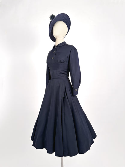 1940s Navy Fit & Flare Dress by Ben Reig / Waist 28