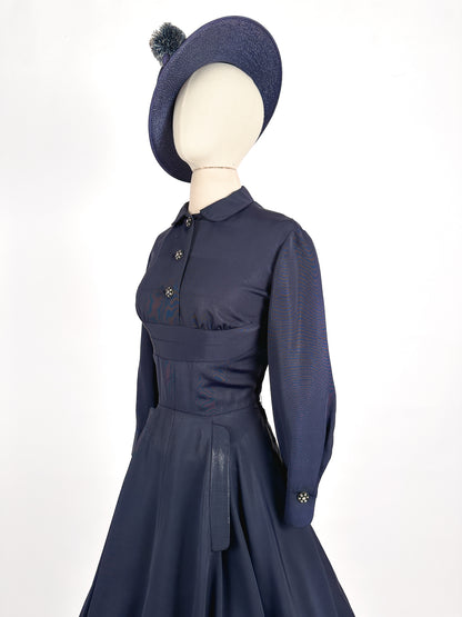 1940s Navy Fit & Flare Dress by Ben Reig / Waist 28