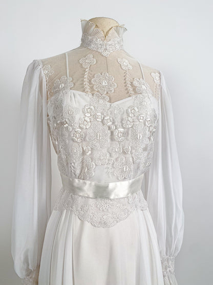 1970s Lace and Chiffon Wedding Dress / Waist 26