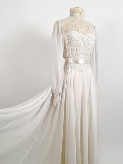 1970s Lace and Chiffon Wedding Dress / Waist 26