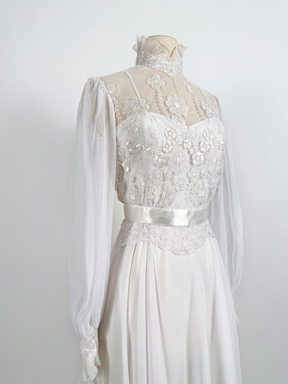 1970s Lace and Chiffon Wedding Dress / Waist 26