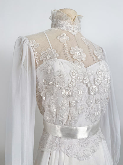 1970s Lace and Chiffon Wedding Dress / Waist 26