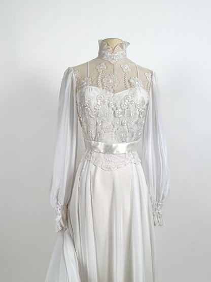 1970s Lace and Chiffon Wedding Dress / Waist 26