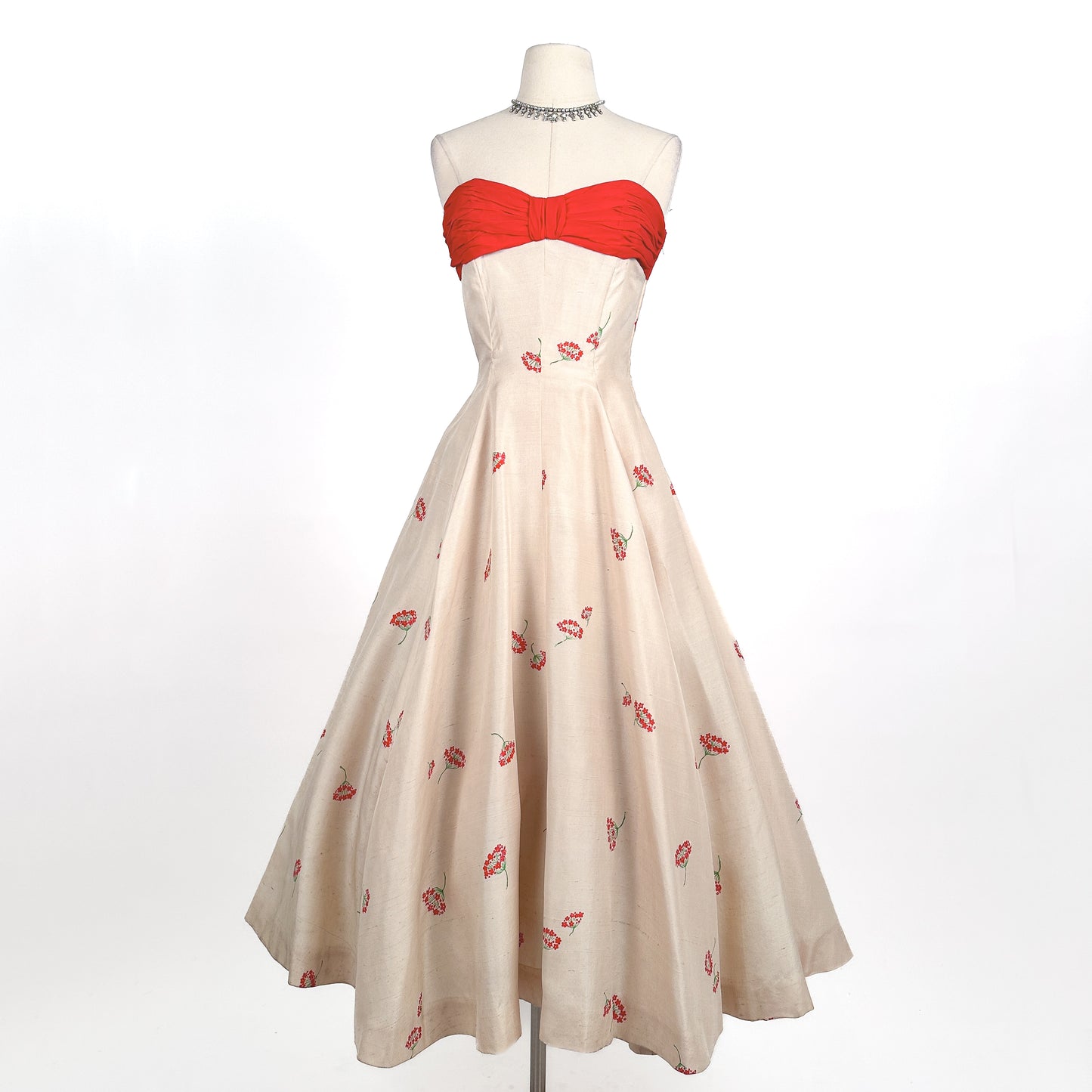 Stunning 1950s Cream Silk Gown with Red Chiffon Bodice by Jo Copeland / Waist 28