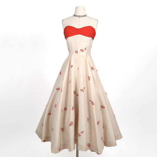 Stunning 1950s Cream Silk Gown with Red Chiffon Bodice by Jo Copeland / Waist 28